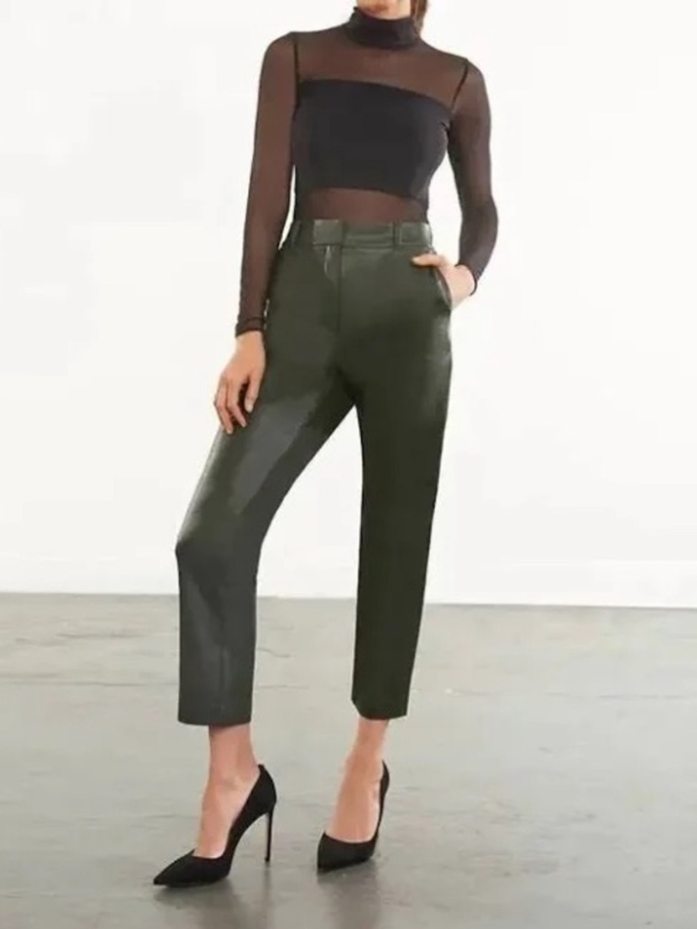 Commando Green Leather Cropped Straight Pants